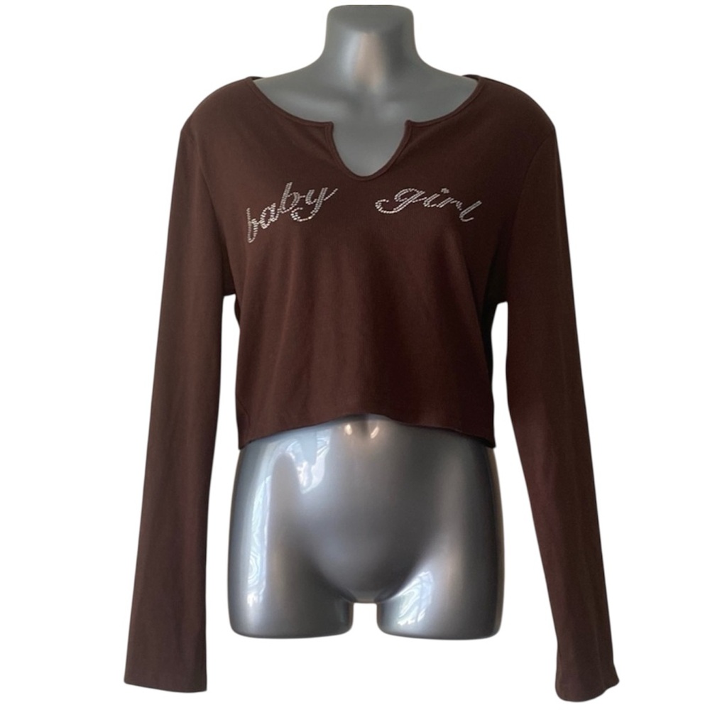SHEIN Sequins Ribbed Long Sleeve Brown Baby Girl Top XL